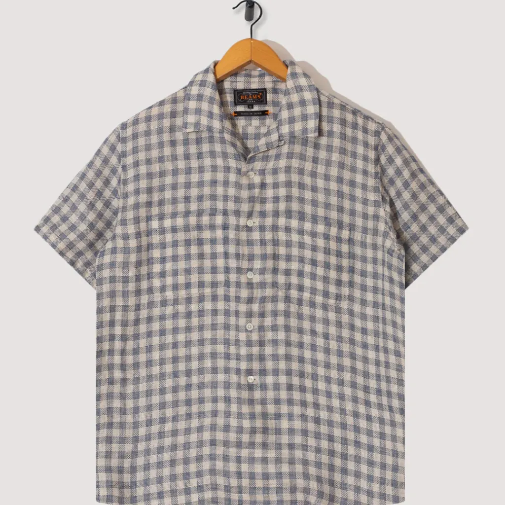 Shirts|Beams Plus Open Collar Plaid Shirt - Blue