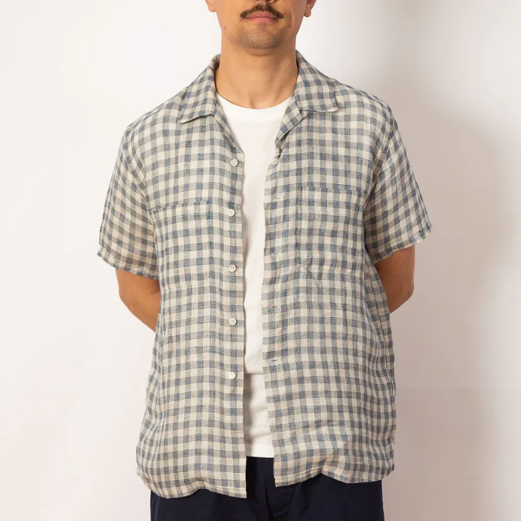 Shirts|Beams Plus Open Collar Plaid Shirt - Blue