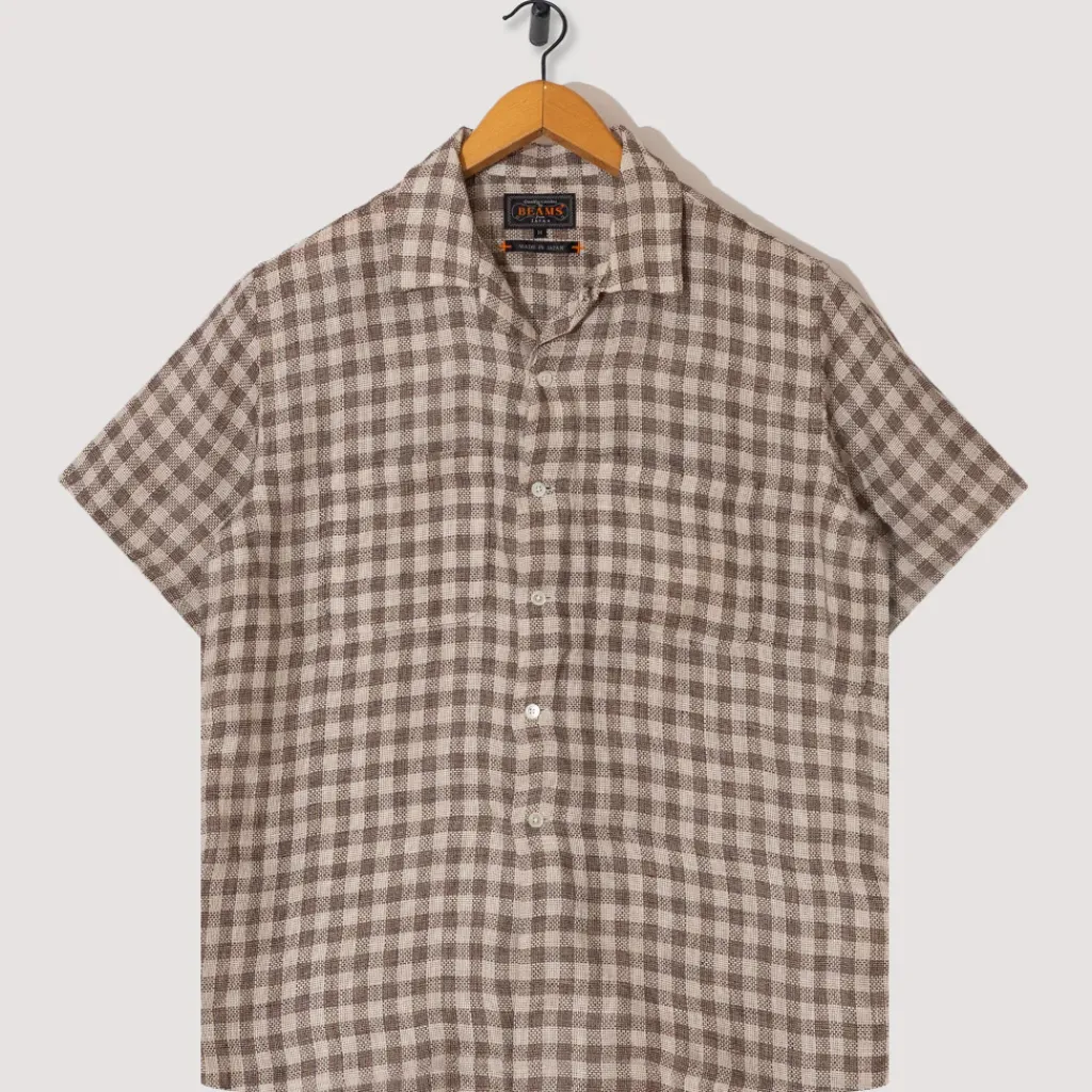 Shirts|Beams Plus Open Collar Plaid Shirt - Brown