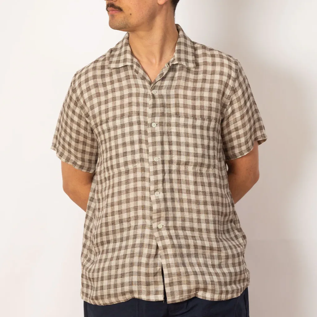 Shirts|Beams Plus Open Collar Plaid Shirt - Brown