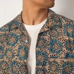 Shirts|Beams Plus Open Collar Shirt - Blue Sun Flower