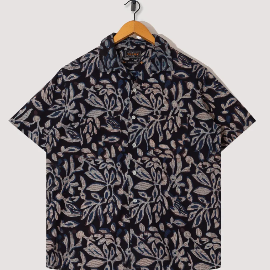 Shirts|Beams Plus Open Collar Shirt - Navy Leaf