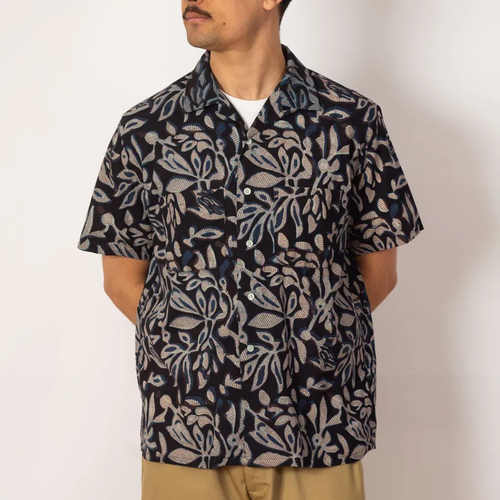 Shirts|Beams Plus Open Collar Shirt - Navy Leaf
