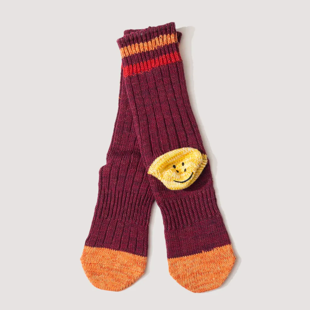 Socks|Kapital Rainbow Happy Heel Socks - Burgundy