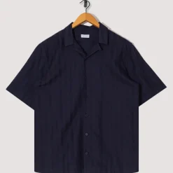 Shirts|Sunspel S/S Embroidered Stripe Shirt - Navy