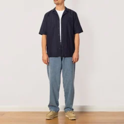 Shirts|Sunspel S/S Embroidered Stripe Shirt - Navy