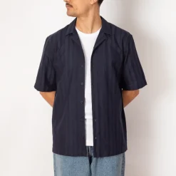 Shirts|Sunspel S/S Embroidered Stripe Shirt - Navy