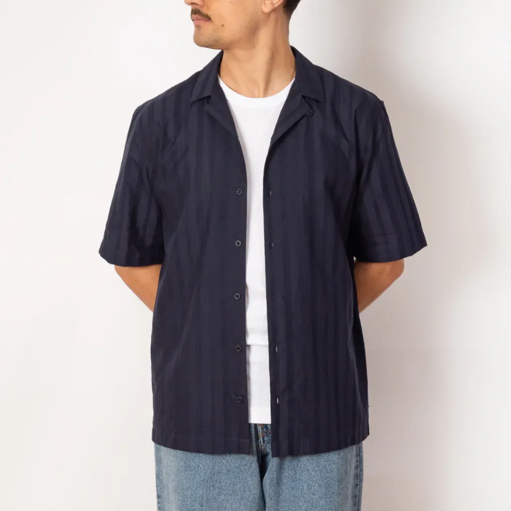 Shirts|Sunspel S/S Embroidered Stripe Shirt - Navy