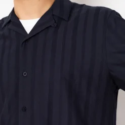 Shirts|Sunspel S/S Embroidered Stripe Shirt - Navy
