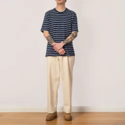 T-Shirts|Folk SS Textured Stripe Tee - Soft Navy/Ecru