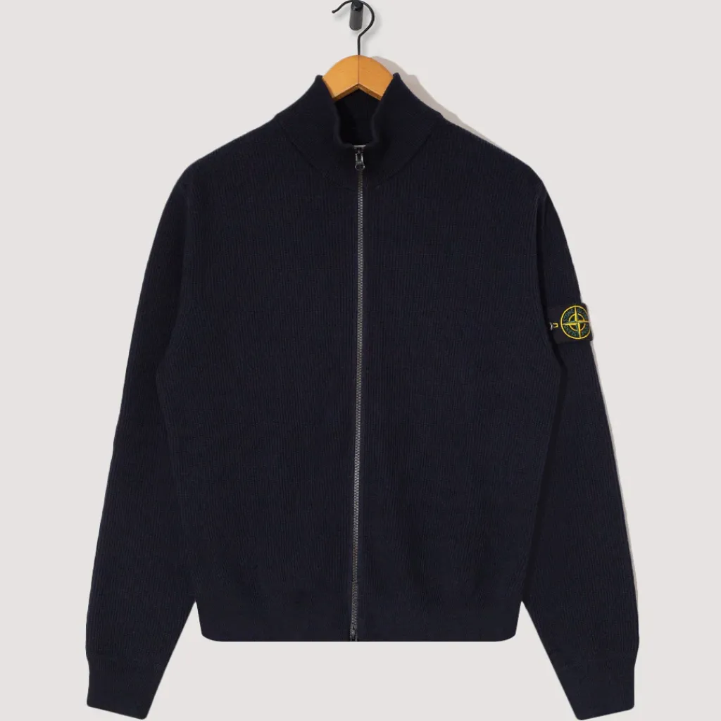 Knitwear|Stone Island Zip Up Ribbed Funnel Knit - Navy Blue (V0020)