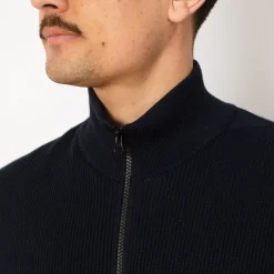Knitwear|Stone Island Zip Up Ribbed Funnel Knit - Navy Blue (V0020)